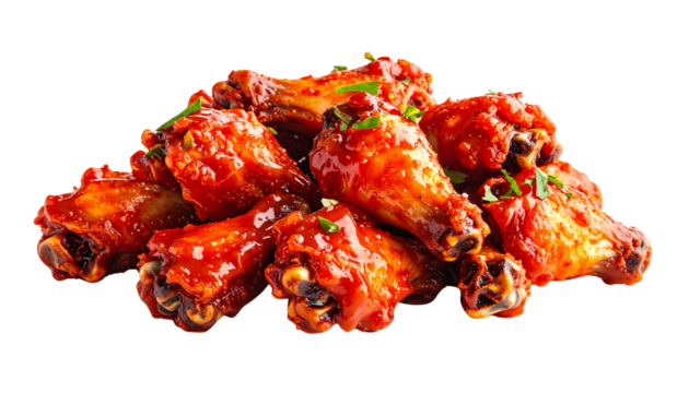 A pile of cooked chicken wings, coated in a shiny, red-orange sauce. They're stacked neatly isolated on solid white background.png