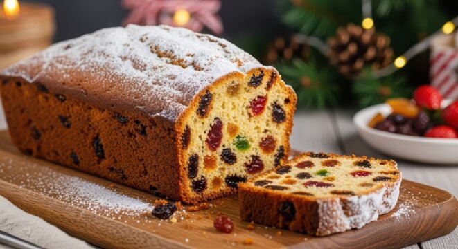 Delicious fruitcake with candied fruit and icing sugar on a wooden board for christmas