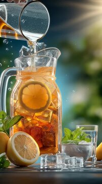 Refreshing Pitcher of Iced Tea with Lemon Slices and Mint Leaves, Surrounded by Ice Cubes and Lemons, Under Warm Golden Sunlight, Perfect Summer Beverage Drink