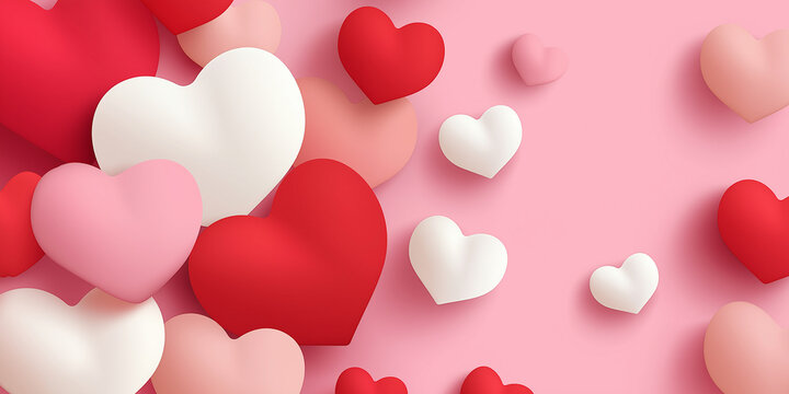 Collection of red, pink, and white hearts on soft pink background creates romantic and cheerful atmosphere, perfect for Valentine Day celebrations and love themed designs