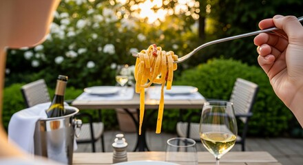 A personal point-of-view shot captures a forkful of delicious-looking pasta, sharply in focus, against a softly blurred background of a beautifully set outdoor dining table for two. Dappled late
