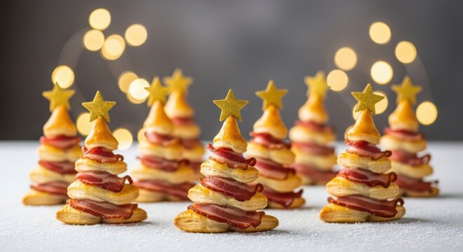 Delicious christmas tree appetizers with bacon and puff pastry for holiday party table