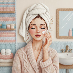A woman in a soft bathrobe applies face cream in a cozy knitted-texture bathroom. Warm tones, self-care mood, wellness and beauty illustration. Vector illustration