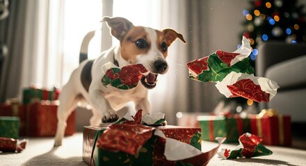 A high-speed, low-angle action photograph captures an energetic Jack Russell Terrier gleefully tearing open a Christmas present on a living room floor. The dog's face shows pure excitement, with its