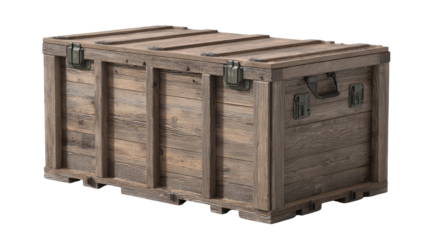 A rustic wooden storage crate with distressed planks, metal latches, and side handles on a transparent background. background removed