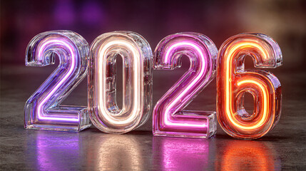2026 New Year neon balloon numbers in pink purple gradient with vibrant colorful background