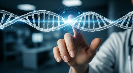 An extreme close-up, photorealistic shot shows a female doctor's hand gently touching a glowing, rotating 3D holographic DNA helix. Soft, clean, blue light emanates from the hologram, illuminating the