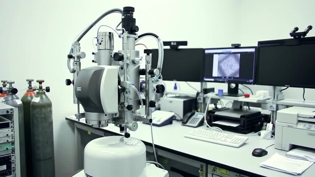 Electron microscope setup in a white lab with two monitors showcasing high magnification imagery. Science equipment and apparatus for research and investigation.