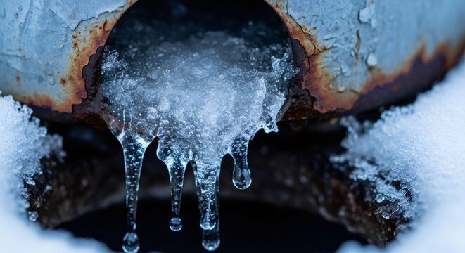 Snow and ice clinging to an old rusty metal pipe. Cold winter weather and freezing temperatures concept for seasonal conditions.