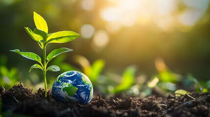 A young green plant next to planet Earth against a backdrop of green leaves and a sunny sky