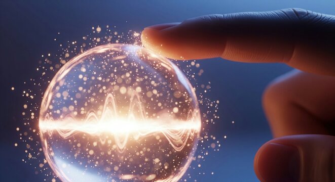 A macro shot captures a person's finger gently touching a glowing, abstract orb of light. The orb radiates light particles and displays a rippling energy waveform within, symbolizing a futuristic
