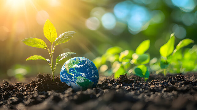 A young green plant next to planet Earth against a backdrop of green leaves and a sunny sky - Powered by Adobe