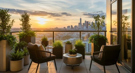 An architectural photograph captures a modern apartment balcony transformed into an inviting outdoor living space at golden hour. The balcony features two stylish, dark-toned weatherproof chairs