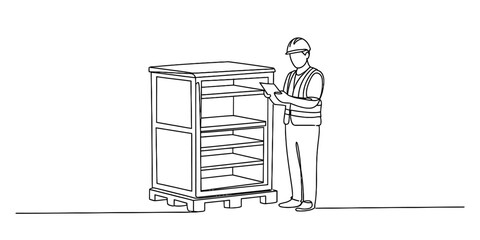 Continuous line drawing of a construction worker wearing a hard hat and safety vest checking a document next to a storage cabinet