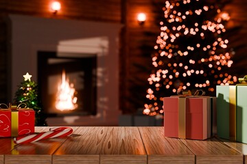 3d christmas gift boxes and candy canes on wooden table in cozy living room interior concept. festive holiday background for product display and advertising. 3d render.