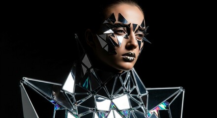 A striking portrait of a model featuring bold, artistic makeup created with fragmented, reflective mirror-like pieces around the eyes and face. The model wears an avant-garde garment constructed from