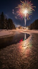 Fireworks over a river reflecting in the water at night.