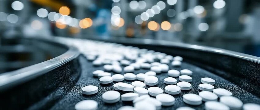 White tablets on a pharmaceutical production line's conveyor belt.