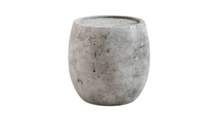 Distressed grey concrete cylindrical planter or stool with a flat top, isolated on black. Features a rugged, textured surface. background removed