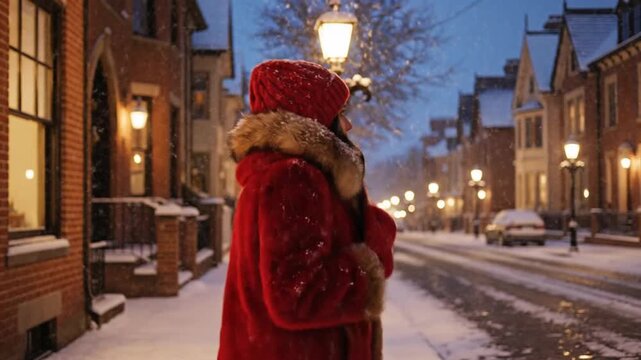 A woman in red winter clothes walking down a snow covered street at dusk in winter