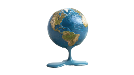 A melting Earth globe symbolizes global warming and climate change, with blue liquid forming a puddle on a transparent background. background removed