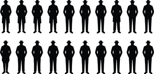 Man silhouette illustration set, black vector icons of coat and hat poses, stylized standing figures, fashion character grid, white background