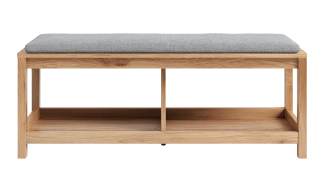 A modern light oak wooden storage bench with a grey upholstered cushion and two open compartments, ideal for entryway seating. background removed
