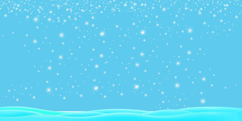 Realistic cartoon snow hills with falling snowflakes and blue sky background. Winter wide landscape design element with blue snow. Minimal nature composition with snowy fields and falling snow
