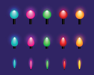 Glowing bulbs for a festive garland isolated on a transparent background, individual elements.Decor for Christmas, New Year, weddings, or birthdays. Party decoration. 