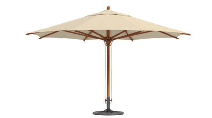 A classic beige patio umbrella with a wooden frame and dark metal base, providing outdoor shade, presented on a transparent background. background removed
