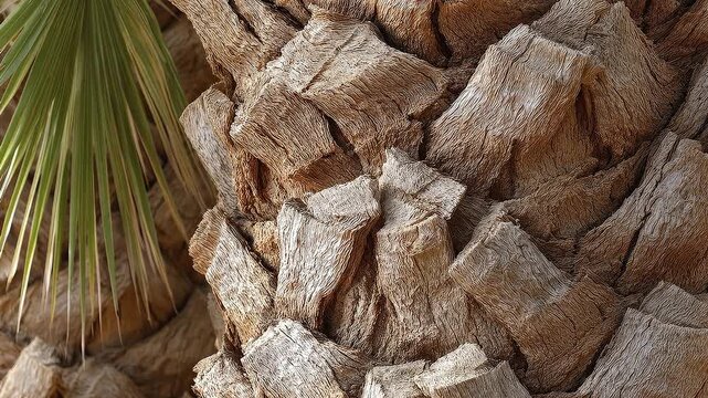Closeup of a palm tree trunk with brown textured bark and green fronds