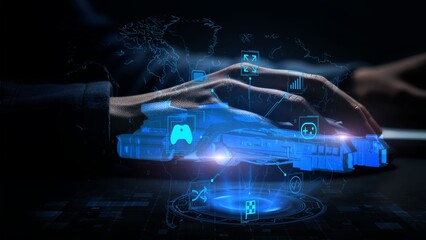 Futuristic Technology Interface with Holographic Spaceship and Global Map Background