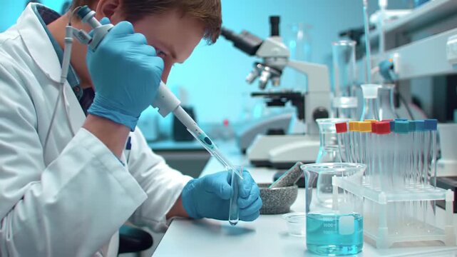 Close up of a male scientist in a white lab coat using a micropipette on a blue liquid sample in test tubes, in a brightly lit laboratory setting with microscope
