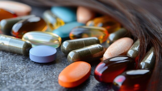 A variety of colorful dietary supplements and vitamins scattered on a dark surface. Some capsules are transparent, while others are opaque and in different shapes.