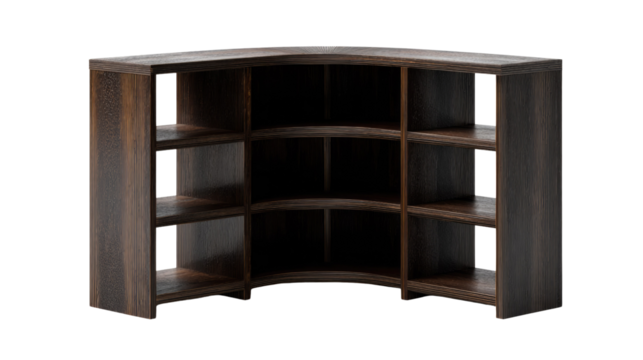 A stylish dark wood curved corner shelf unit with multiple open compartments, ideal for modern home or office decor. Transparent background. background removed