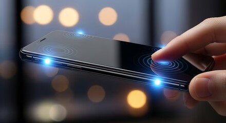 Finger touching smartphone screen with glowing digital interface