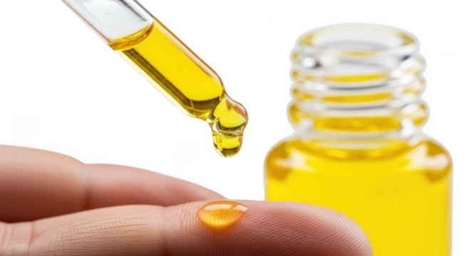 Closeup of hand using dropper to apply yellow oil from bottle, isolated on transparent background