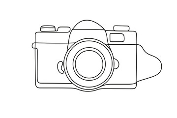 Minimalist continuous line drawing of a vintage analog camera for photography and media concepts