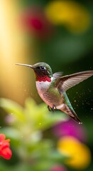 Fototapeta premium A beautiful hummingbird hovers gracefully among colorful flowers.