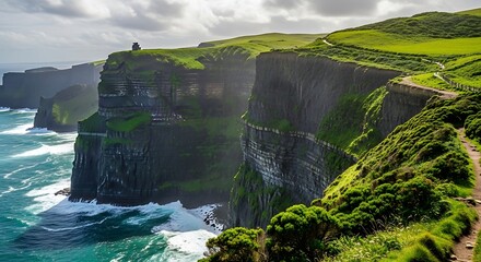 Dramatic Cliffs of Moher Ireland Coastal Scenery with Crashing Waves.