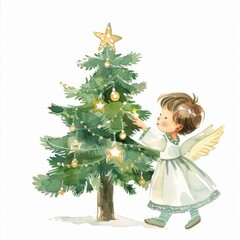 Fototapeta premium Angel decorates Christmas tree