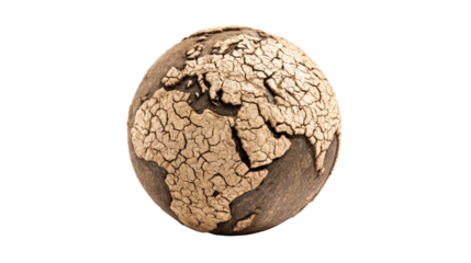 A severely cracked, parched globe featuring Europe, Africa, and Asia against a transparent background, powerfully symbolizing global drought and climate crisis. background removed