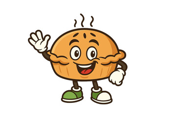 Cheerful baked pie mascot character waving hand in a friendly greeting pose