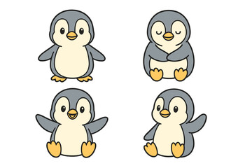 Four cute baby penguin characters displaying various emotions and actions