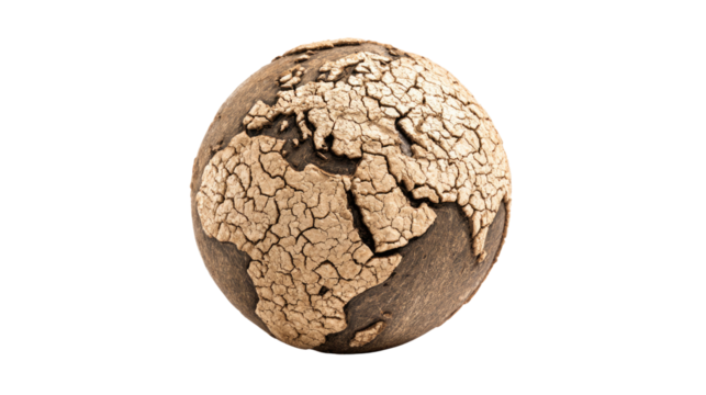 A severely cracked, parched globe featuring Europe, Africa, and Asia against a transparent background, powerfully symbolizing global drought and climate crisis. background removed