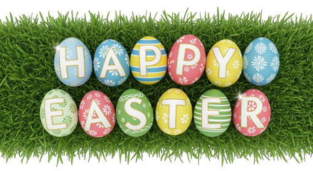 Happy easter eggs arranged on green grass