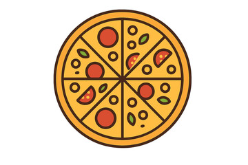 Delicious whole pizza pie sliced into eight pieces with various colorful toppings