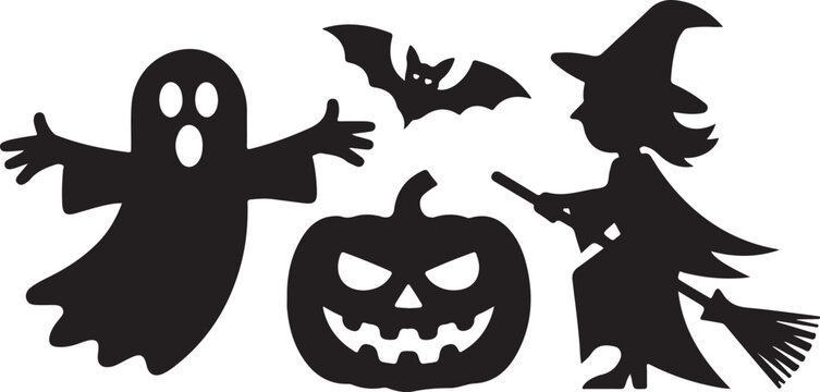 Spooky Halloween characters silhouette set with a ghost, witch, pumpkin, and bat.