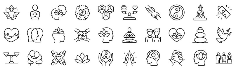Set of 30 outline icons related to harmony. Linear icon collection. Editable stroke. Vector illustration