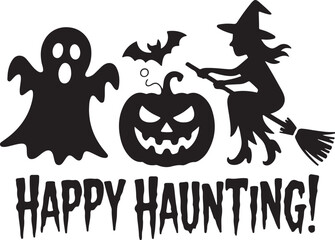Fototapeta premium Happy Haunting Halloween Icons Ghost, Witch, and Carved Pumpkin Silhouettes